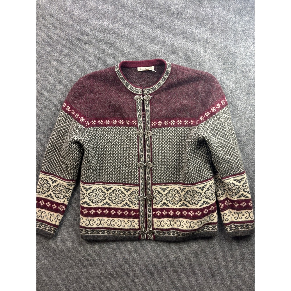 Susan Bristol Cardigan Sweater Womens M Burgundy Wool Nordic Fair Isle Clasp